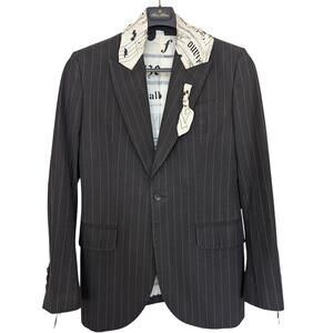 John Galliano SS2006 Pinstripe Newspaper Print Classic Scarf Cotton Blazer EU48
